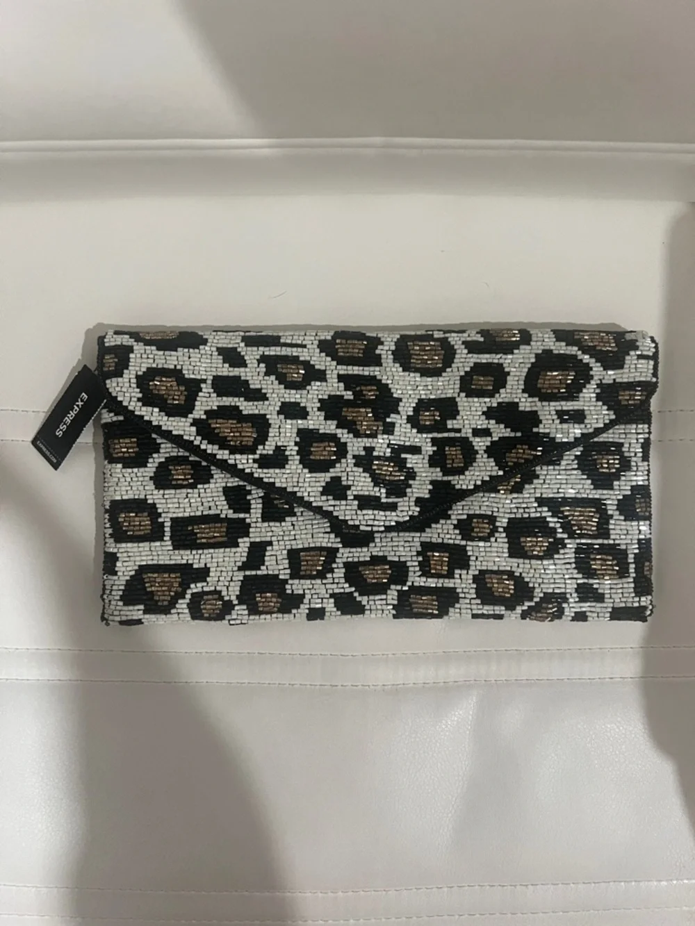 Express Beaded Leopard Envelope Clutch - Black, White & Gold NWT‎ - Picture 2 of 10